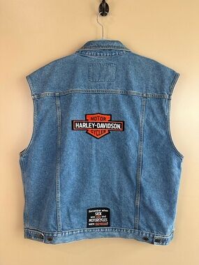 Vintage Guide Gear Mens Denim Jean Vest 2XL Harley Davidson Flag Funny Patches